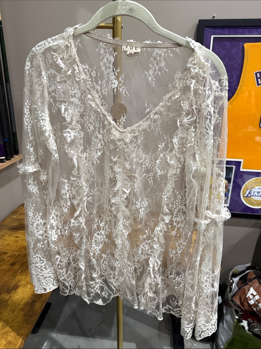 POL Sheer Lace Ruffle Blouse in Ivory